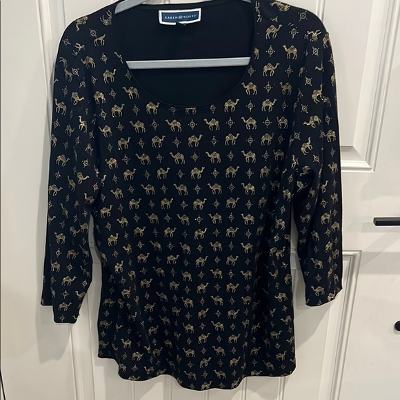 Karen Scott Fitted Blue and gold camel 3/4 Sleeve Blouse - Picture 1 of 7